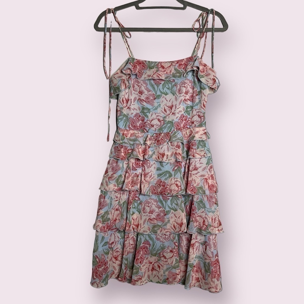 WAYF Essie Tiered Mini Dress In Sky Blue Floral XS